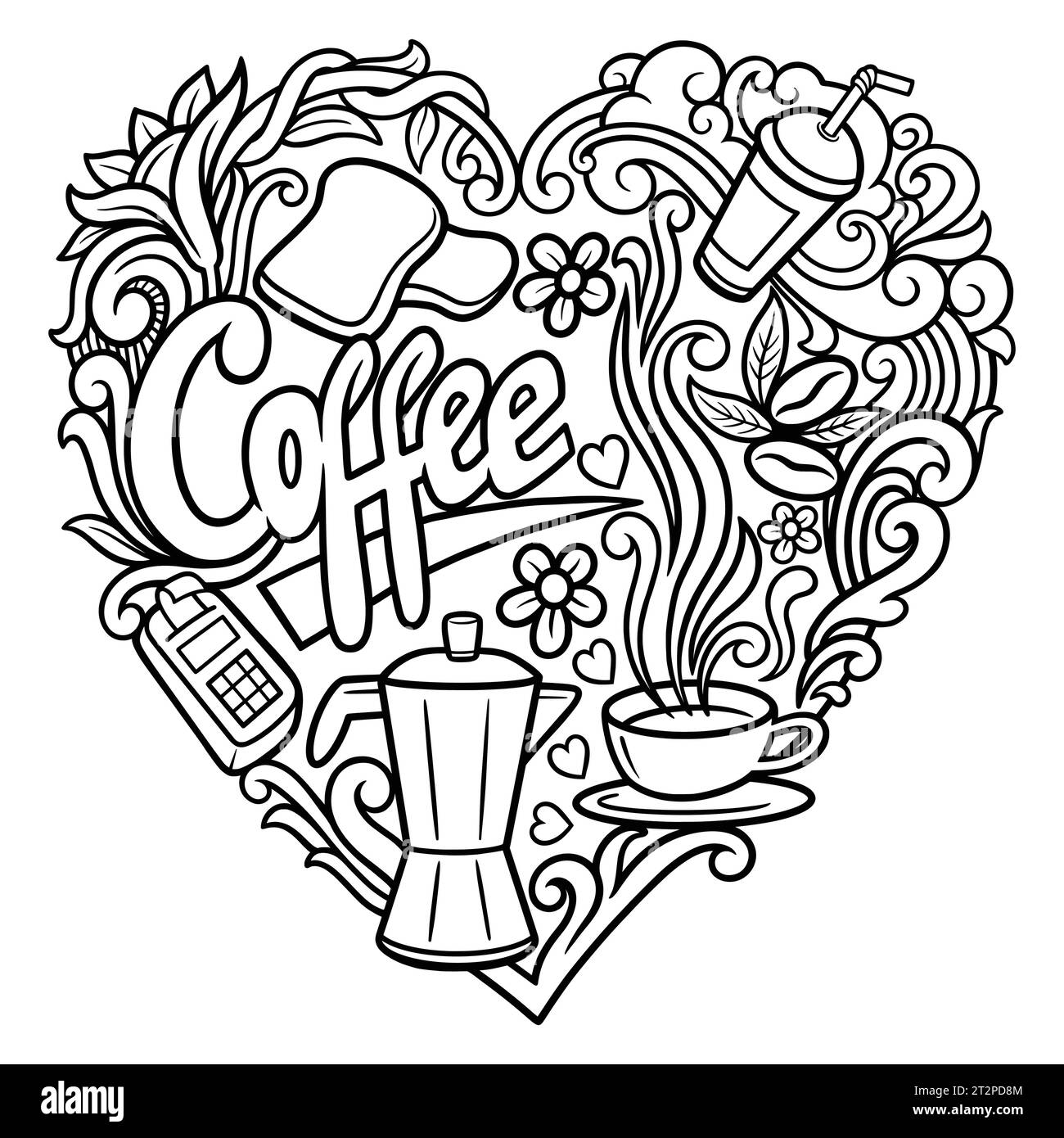 page de coloration de café décoration badge dessin de doodle Illustration de Vecteur