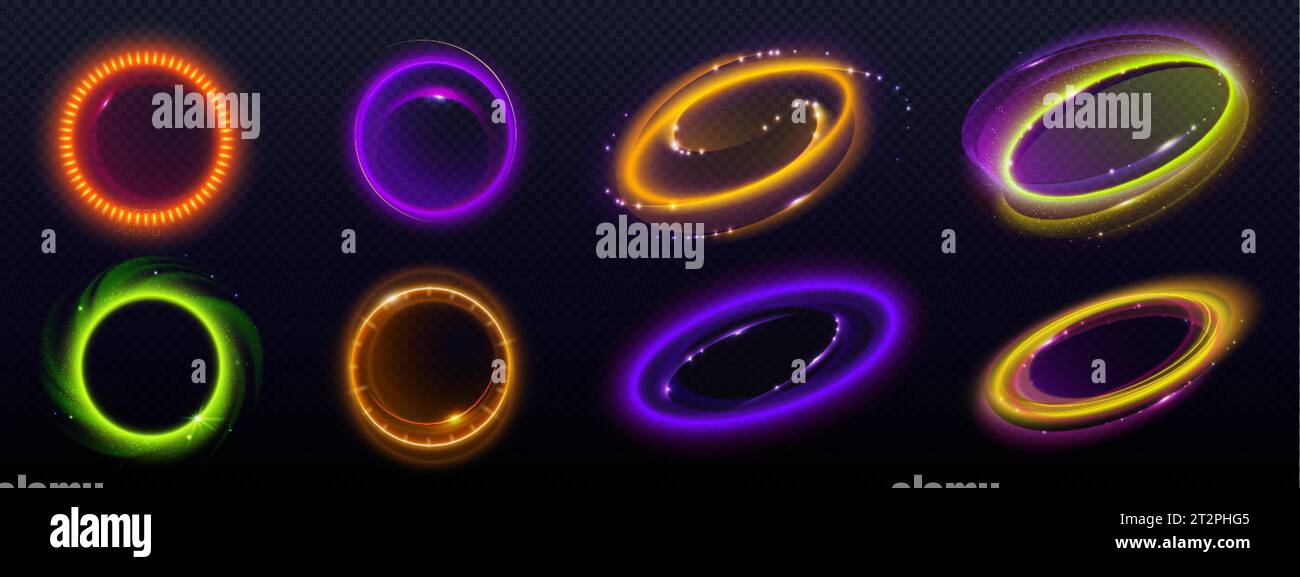 Effet de lumière halo optique avec évasements en forme de cercle. Ensemble d'illustration vectorielle réaliste d'anneaux lumineux au néon et d'ovales. Énergie abstraite ou cercle magique Illustration de Vecteur