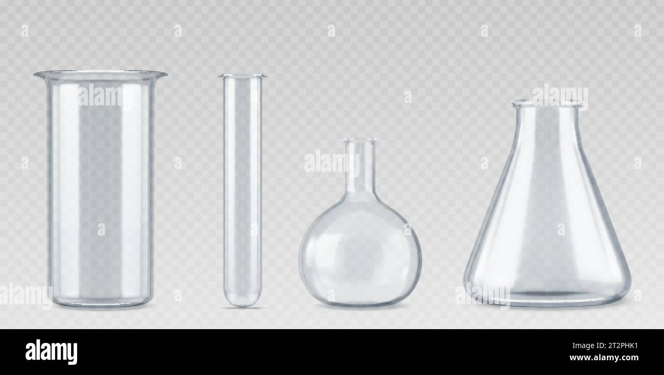 Ensemble de verrerie de laboratoire réaliste isolé sur fond transparent. Illustration vectorielle de bécher de laboratoire, flacons volumétriques, coniques, tube pour scientins Illustration de Vecteur