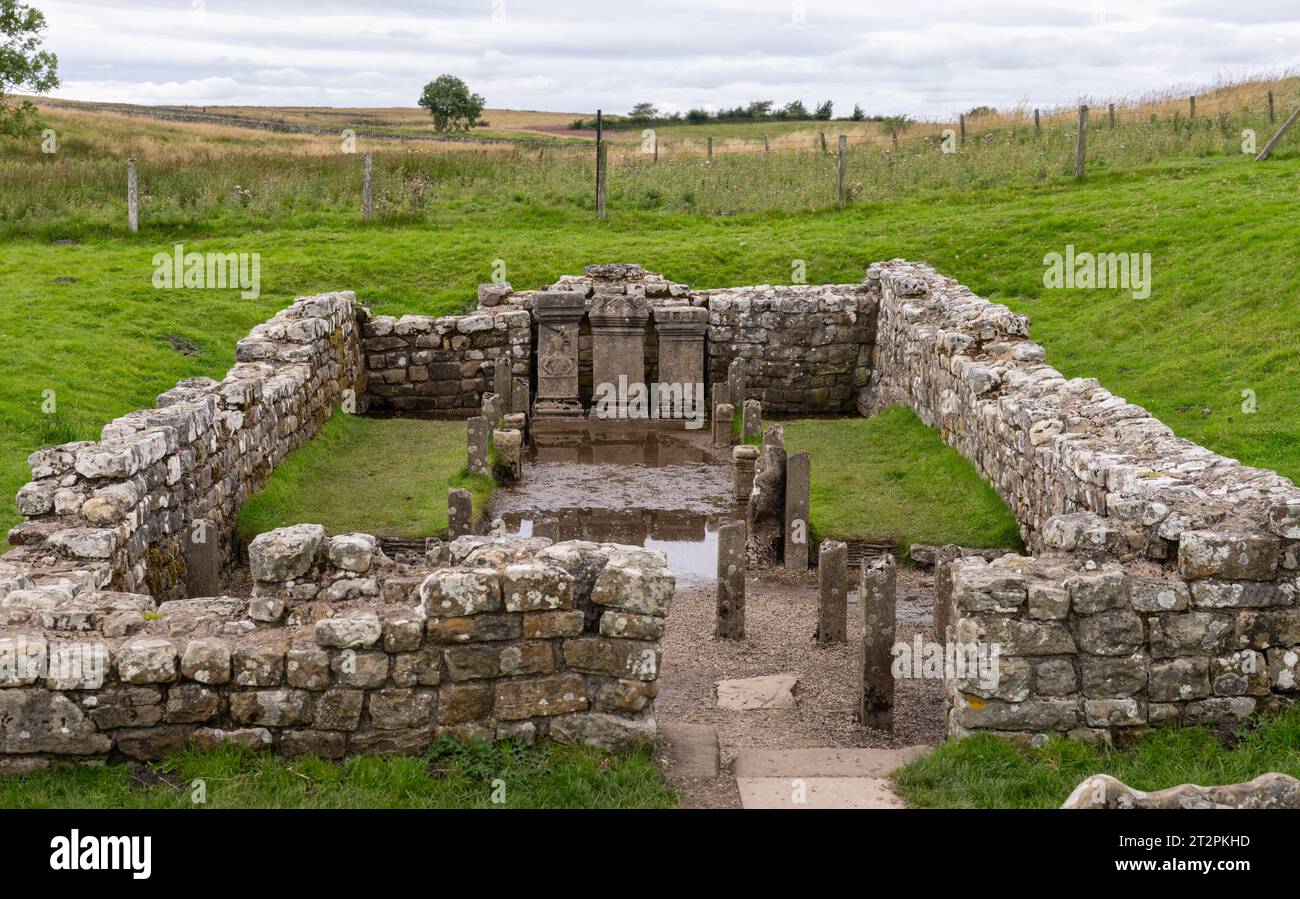 Ancien temple romain de Mithras au fort romain de Crawburgh, sur le chemin du mur d'Hadrien près de Carraw, Northumberland, Royaume-Uni Banque D'Images