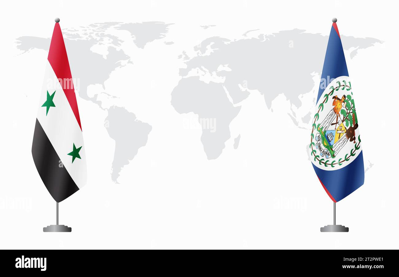 Drapeaux de Syrie et Belize pour la réunion officielle sur fond de carte du monde. Illustration de Vecteur