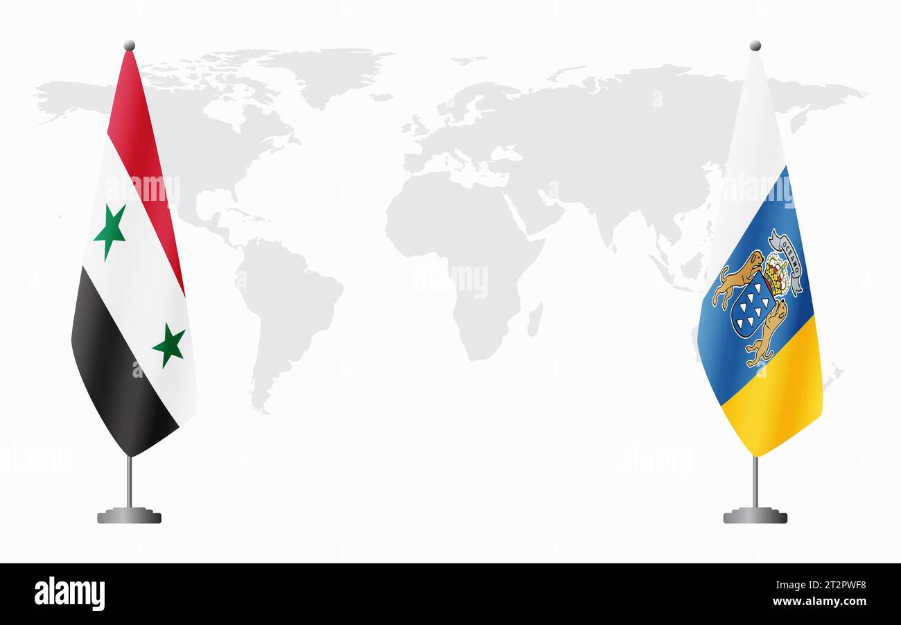 Drapeaux de Syrie et des îles Canaries pour la réunion officielle sur fond de carte du monde. Illustration de Vecteur
