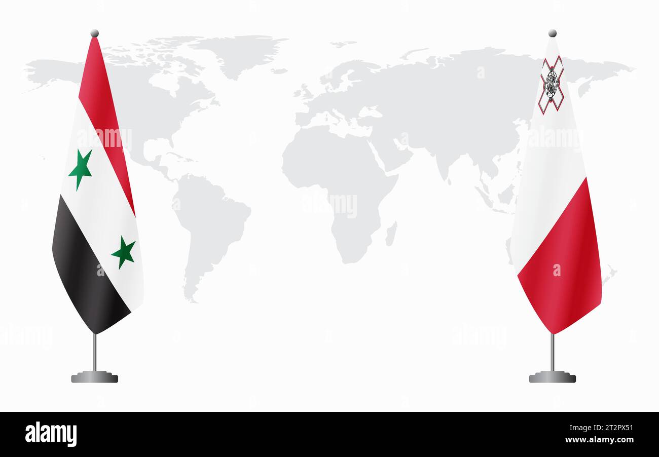 Drapeaux de la Syrie et de Malte pour la réunion officielle sur fond de carte du monde. Illustration de Vecteur
