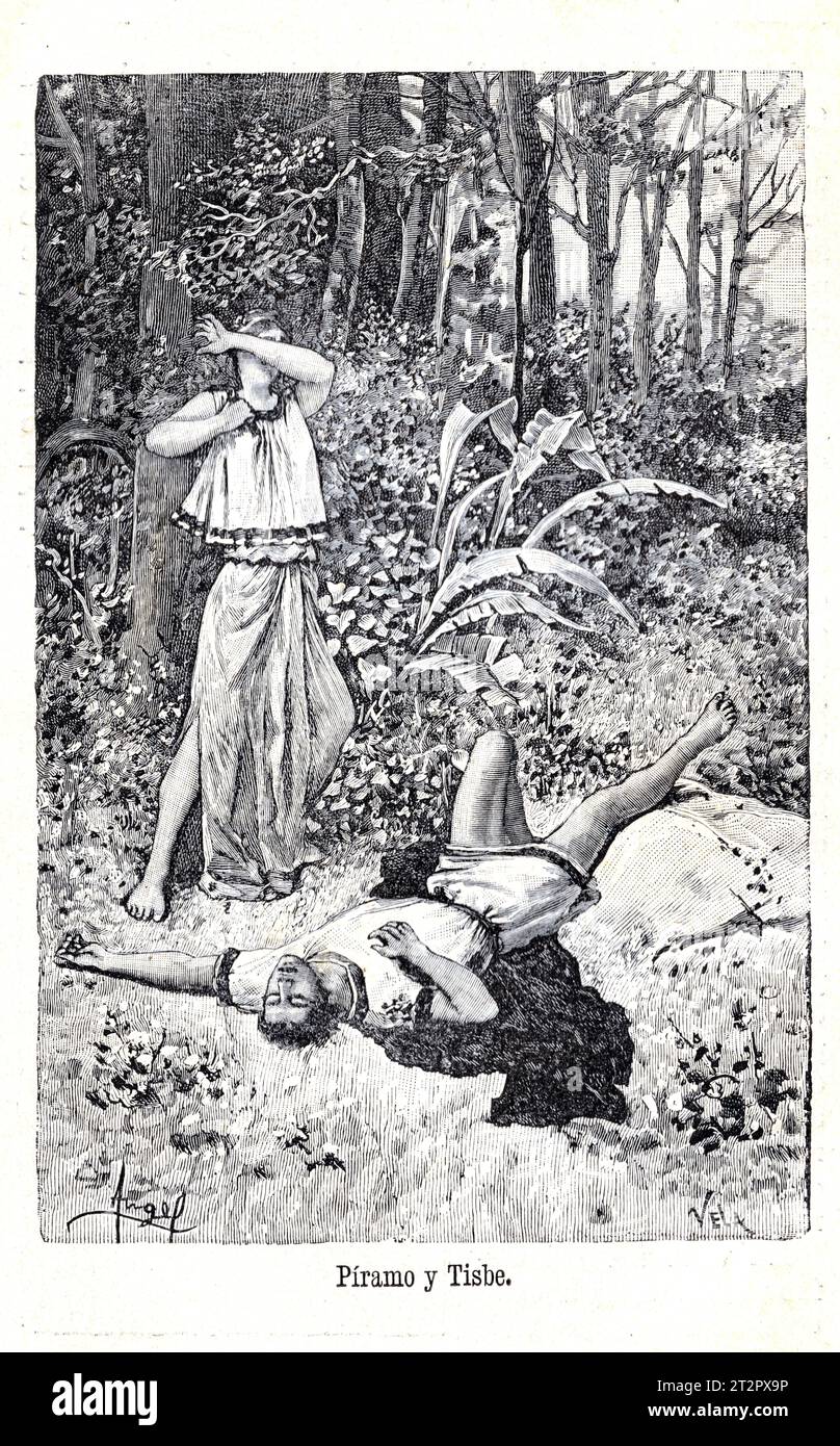 Pyramo y Tisbe de Manuel Ángel Álvarez (1855-1921) illustrations de la Mitologia de Saturnina Calleja, Madrid, 1892 Banque D'Images