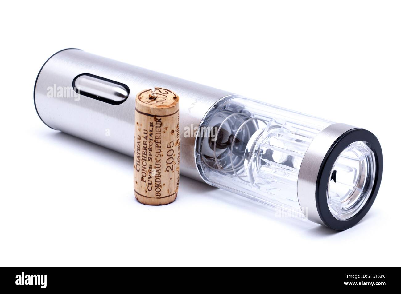 Nanam Battery Wine Cork Remover sur fond blanc Banque D'Images