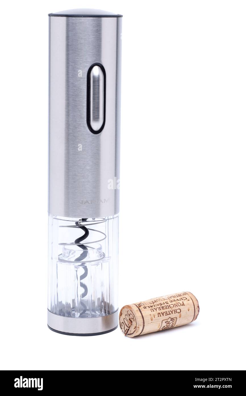 Nanam Battery Wine Cork Remover sur fond blanc Banque D'Images