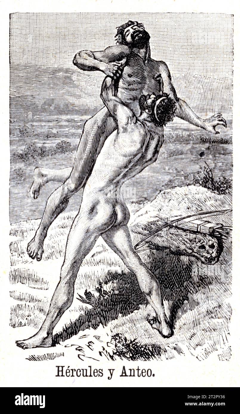 Hercule y Anteo de Manuel Ángel Álvarez (1855-1921) illustrations de la Mitologia de Saturnina Calleja, Madrid, 1892 Banque D'Images