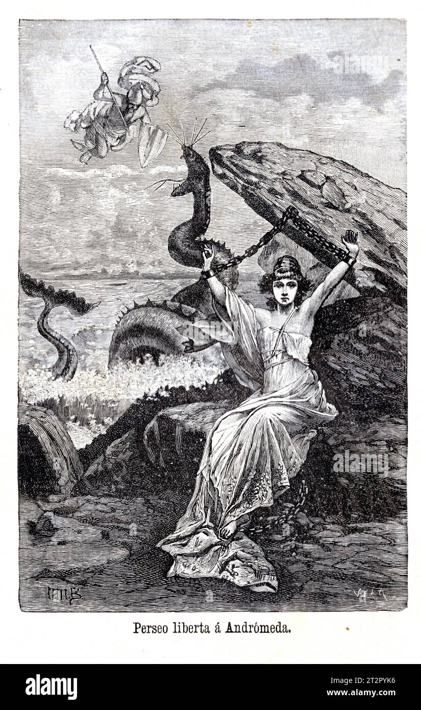 Perseo liberta Andromeda de Narciso Mendez Bringa (1868-1933) - illustrations de la Mitologia de Saturnina Calleja, Madrid, 1892 Banque D'Images