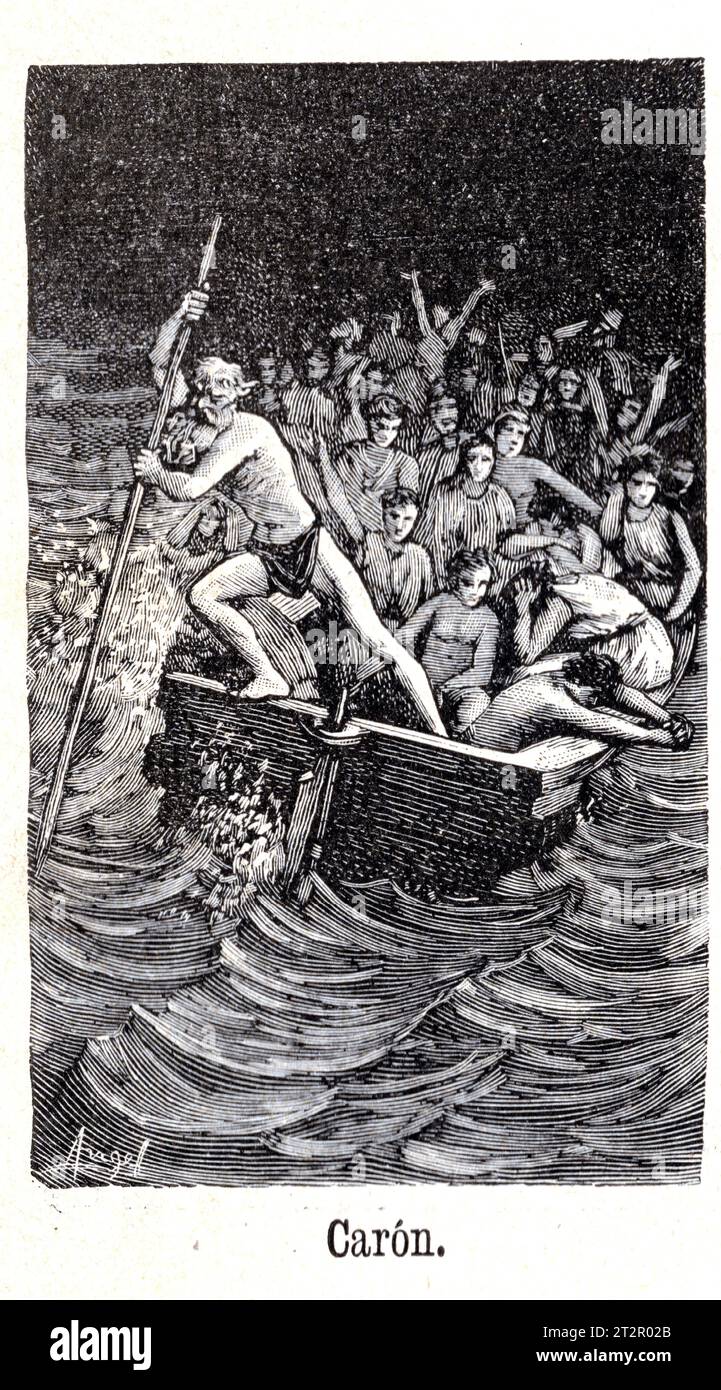 Caron de Manuel Ángel Álvarez (1855-1921) illustrations tirées de la Mitologia de Saturnina Calleja, Madrid, 1892 Banque D'Images