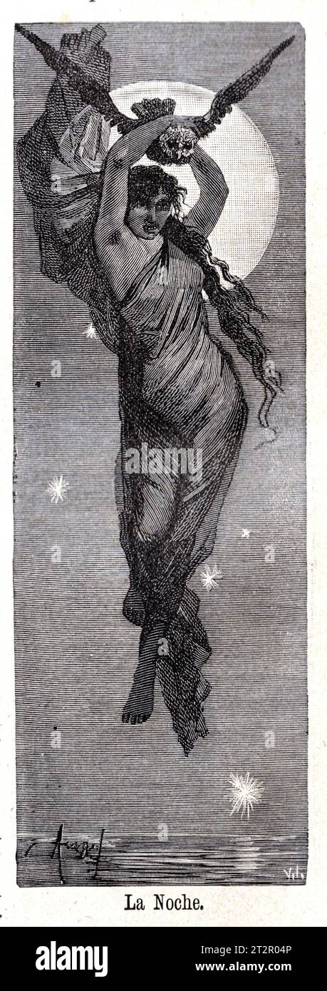 La Noche de Manuel Ángel Álvarez (1855-1921) illustrations de la Mitologia de Saturnina Calleja, Madrid, 1892 Banque D'Images