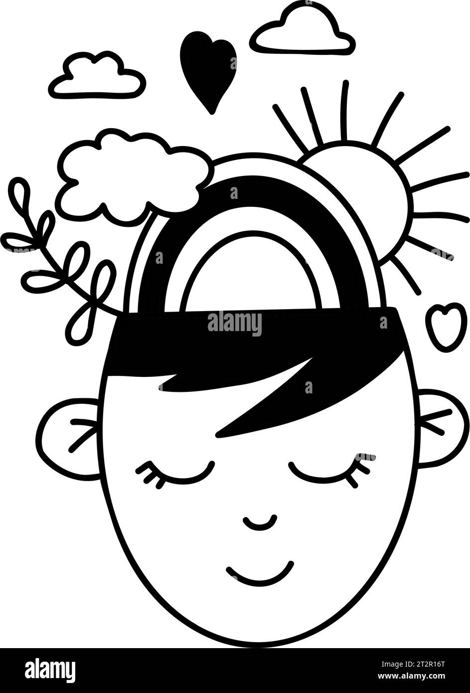 Concept de santé mentale. Tête avec beau temps, arc-en-ciel, soleil et nuages à l'intérieur. Positif, inspiration, calme, comportement mental favorable. Vecteur illu Illustration de Vecteur