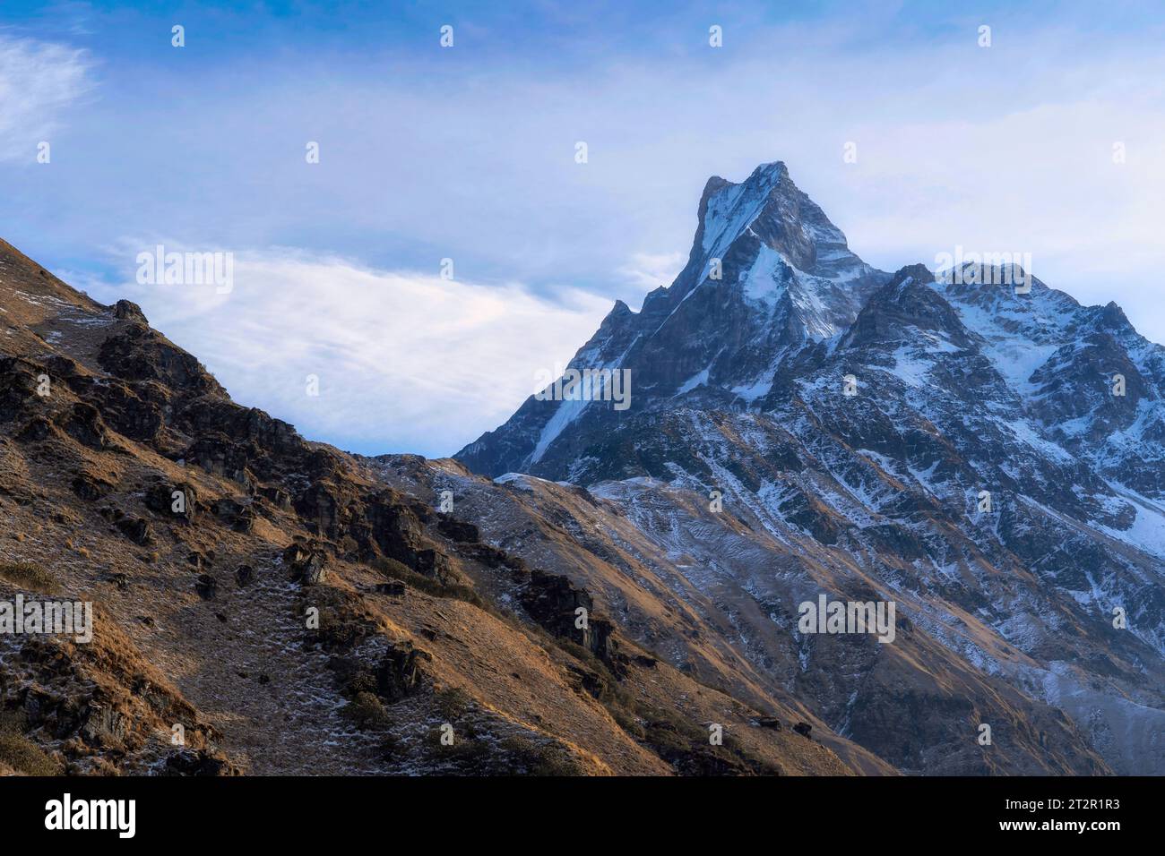 La beauté de Fishtail Mountain ou Machhapuchhare à la lumière du soleil du matin. Banque D'Images