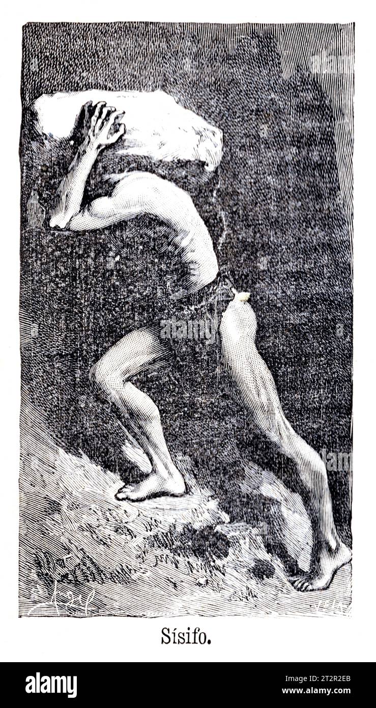Sisifo - Manuel Ángel Álvarez (1855-1921) illustrations de la Mitologia de Saturnina Calleja, Madrid, 1892 Banque D'Images