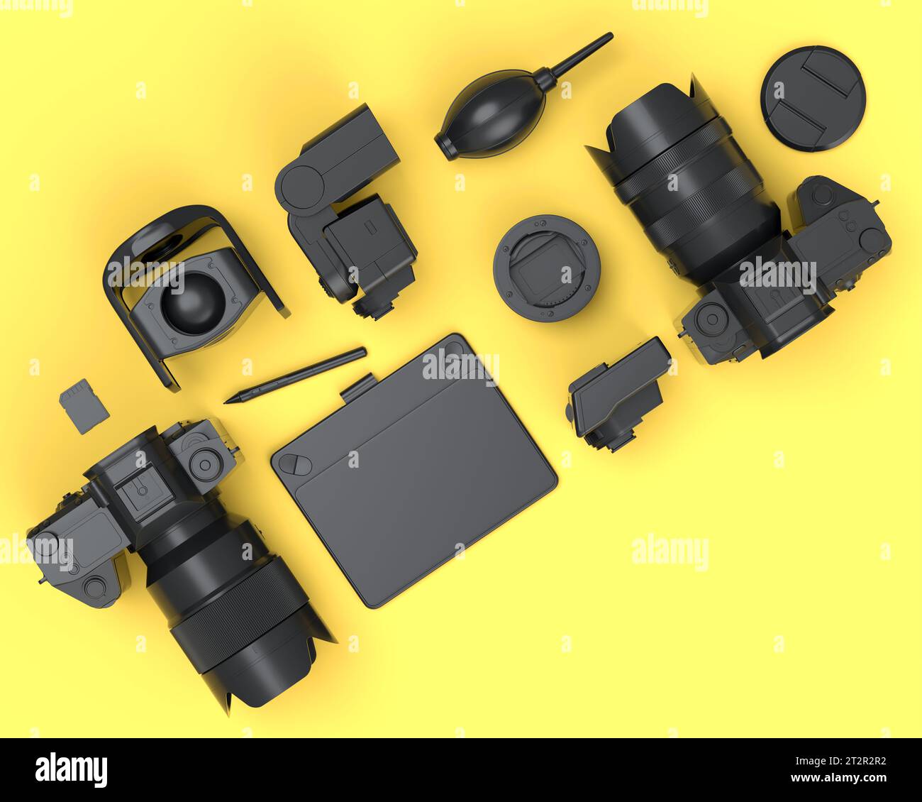 Vue de dessus de l'espace de travail monochrome et de l'équipement comme calibrateur, tablette, appareil photo numérique et flash spidlight sur fond jaune. rendu 3d de acce Banque D'Images