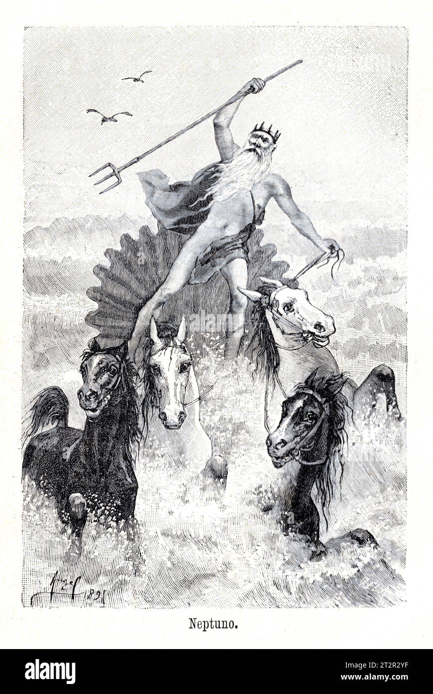 Neptuno - Manuel Ángel Álvarez (1855-1921) illustrations de la Mitologia de Saturnina Calleja, Madrid, 1892 Banque D'Images