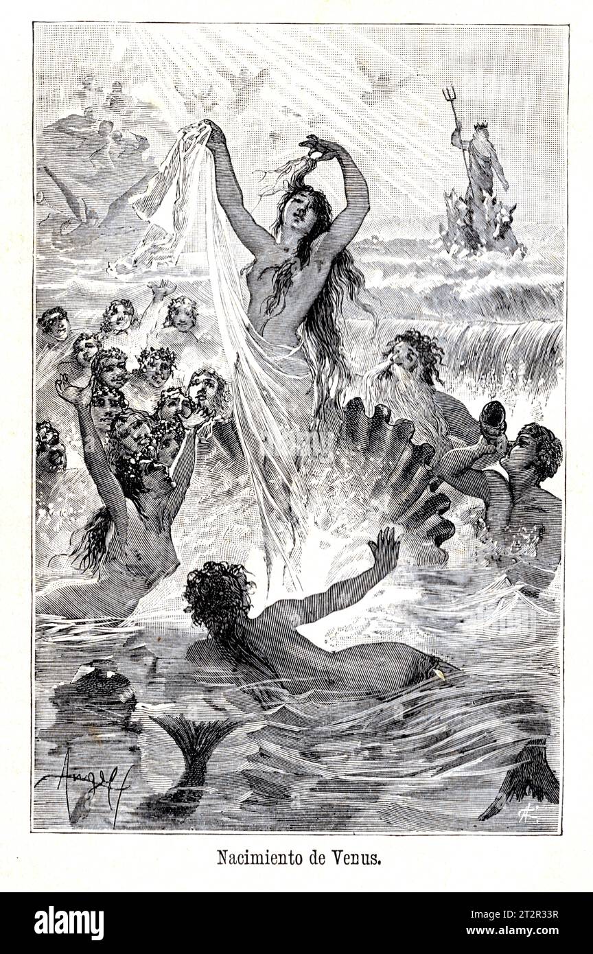 Nacimiento de Vénus de Manuel Ángel Álvarez (1855-1921) illustrations de la Mitologia de Saturnina Calleja, Madrid, 1892 Banque D'Images