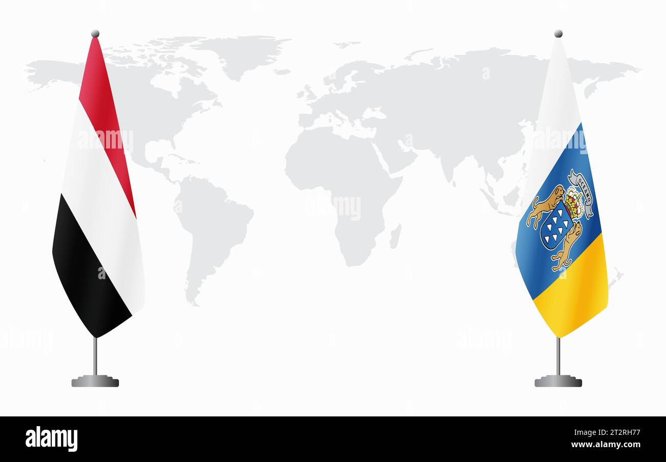 Drapeaux du Yémen et des îles Canaries pour la réunion officielle sur fond de carte du monde. Illustration de Vecteur