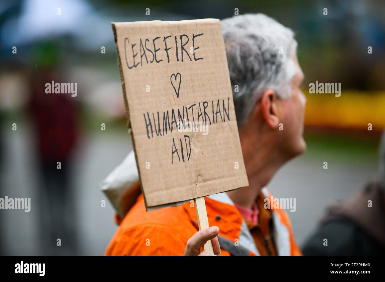 Montpelier, États-Unis. 20 octobre 2023. Le participant tient un panneau appelant au cessez-le-feu lors d'un rassemblement à la Vermont State House à Montpelier, VT, USA, pour pleurer les victimes des conflits en Israël et à Gaza. Crédit : John Lazenby/Alamy Live News Banque D'Images