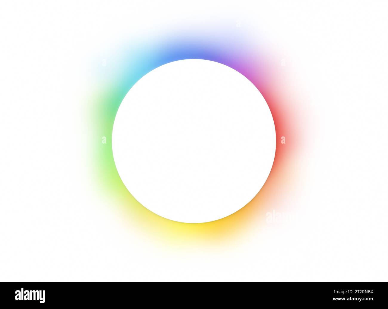 Cercle blanc et vide avec des couleurs arc-en-ciel lumineuses et floues ci-dessous sur un fond blanc. Illustration abstraite et moderne avec espace de copie. Banque D'Images