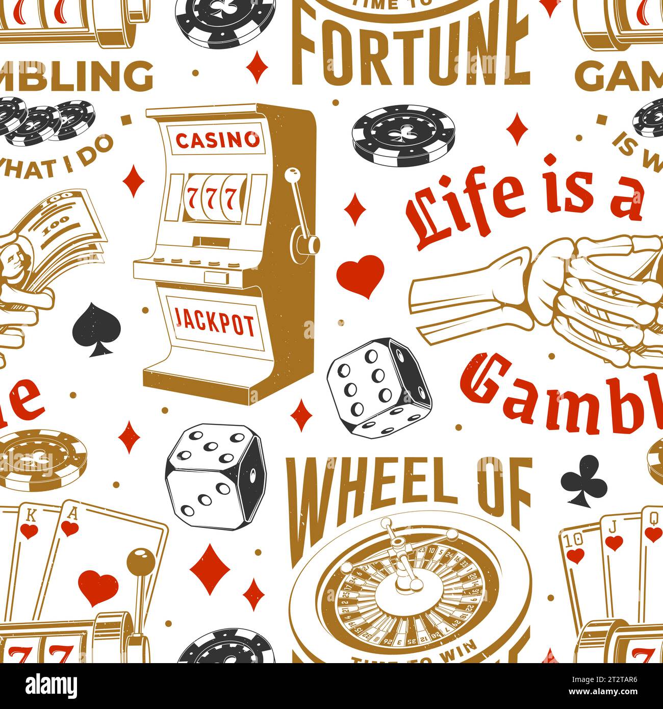 Jeu, modèle de casino sans couture avec roue de la fortune, deux dés et main squelette tenant la silhouette du dollar. Vecteur. Concept pour modèle de casino Illustration de Vecteur