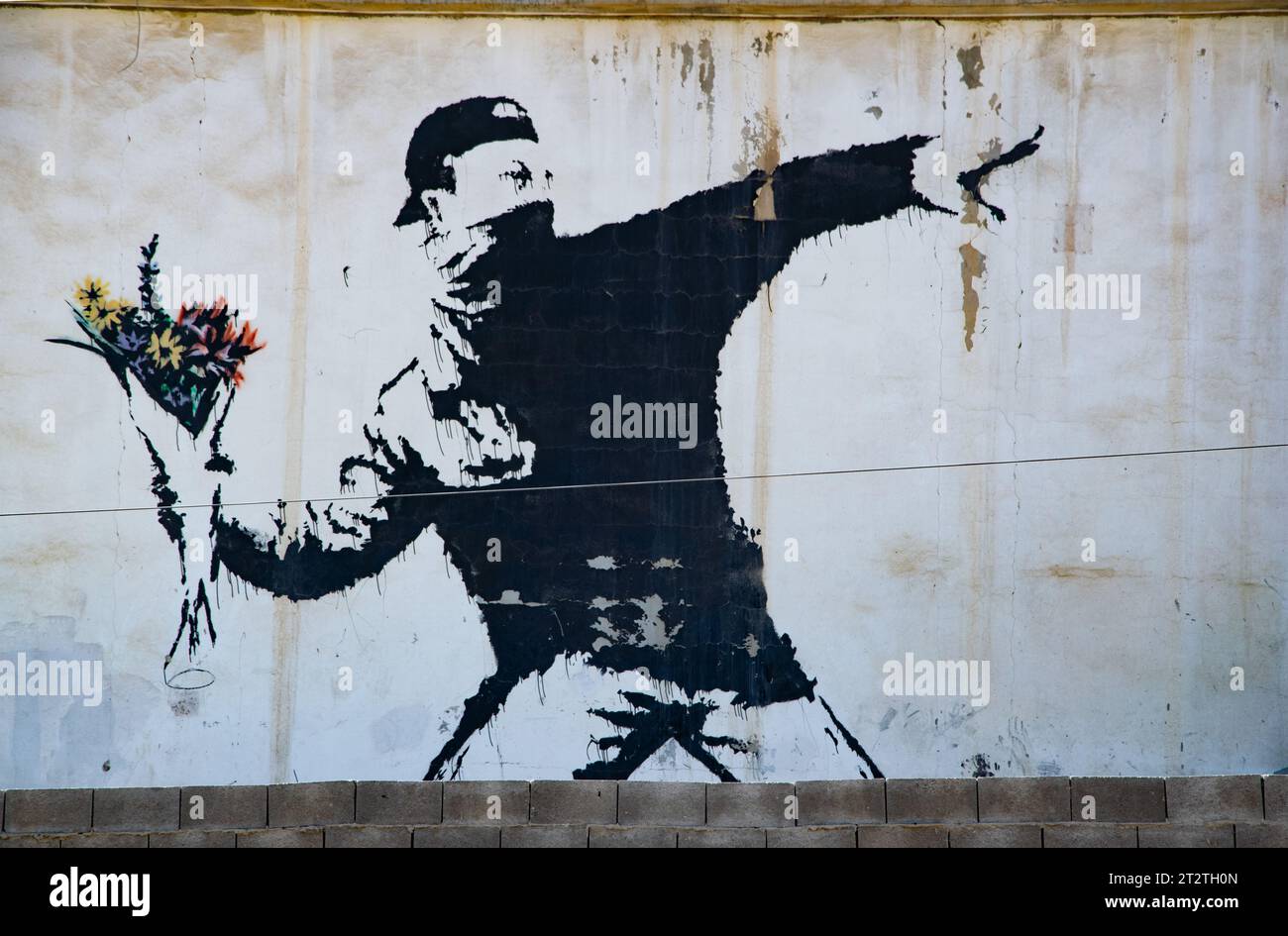 La célèbre murale de Banksy 'rage, le lanceur de fleurs (l'amour est dans l'air)' qui est peinte sur un lave-auto dans une banlieue de Betlehem (Palestine Banque D'Images La célèbre murale de Banksy 'rage, le lanceur de fleurs (l'amour est dans l'air)' qui est peinte sur un lave-auto dans une banlieue de Betlehem (Palestine Banque D'Images