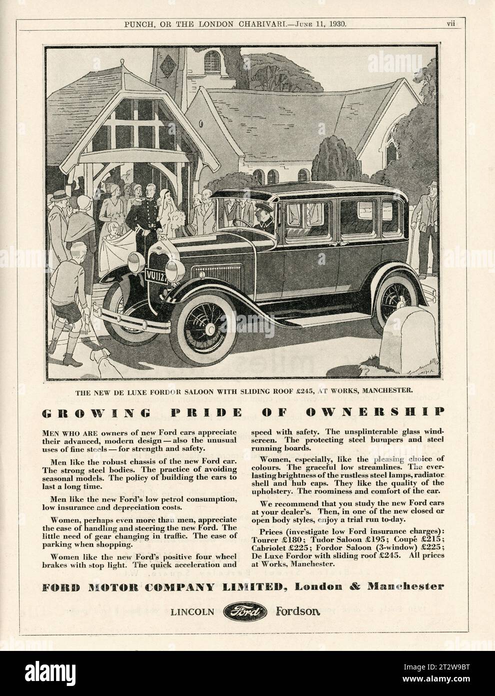 La nouvelle berline DE LUXE FORDOR avec toit coulissant de FORD MOTOR COMPANY LIMITED British Magazine Advertisement Banque D'Images