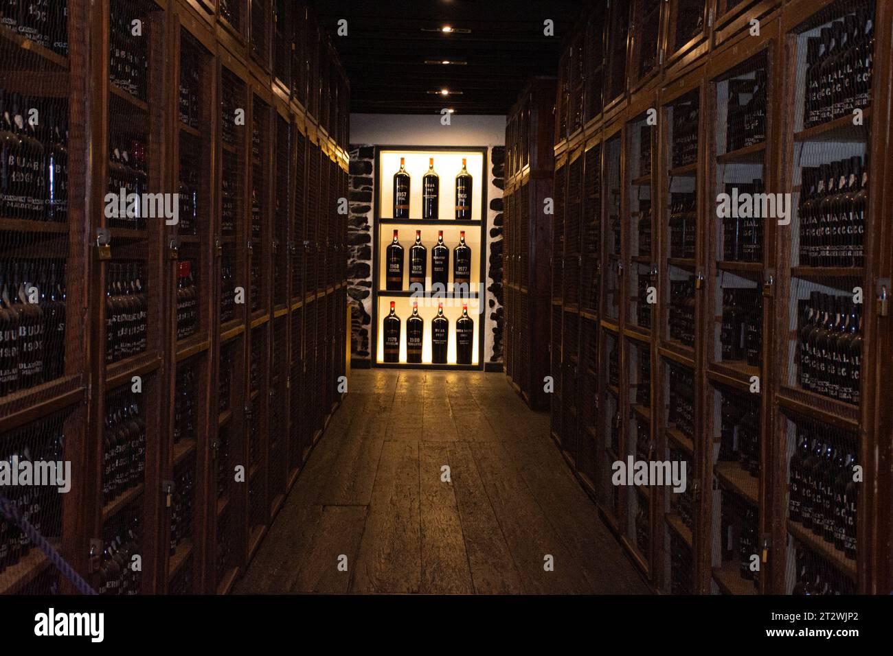 Intérieur de cave à vin avec des bouteilles de vin sur des étagères dans une rangée dans la cour, ville de Funchal sur l'île de Madère, Portugal Banque D'Images