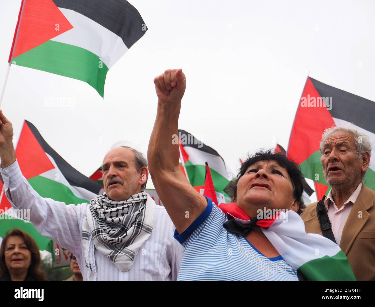 Lima, Pérou. 21 octobre 2023. Des centaines de manifestants, convoqués par le mouvement boycott, désinvestissement, sanctions (BDS), sont descendus dans les rues de Lima, en soutien au peuple palestinien et contre la guerre Israël-Hamas dans la bande de Gaza. Crédit : Agence de presse Fotoholica/Alamy Live News Banque D'Images