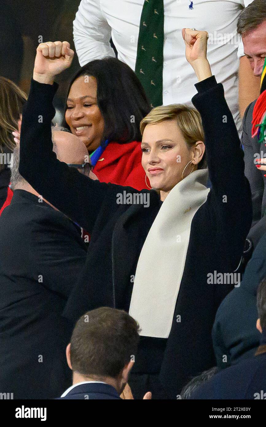 Saint Denis, France. 21 octobre 2023. La princesse Charlene de Monacoassiste à la coupe du monde de Rugby, France., . À Paris, France. Photo de Laurent Zabulon/ABACAPRESS.COM crédit : Abaca Press/Alamy Live News Banque D'Images