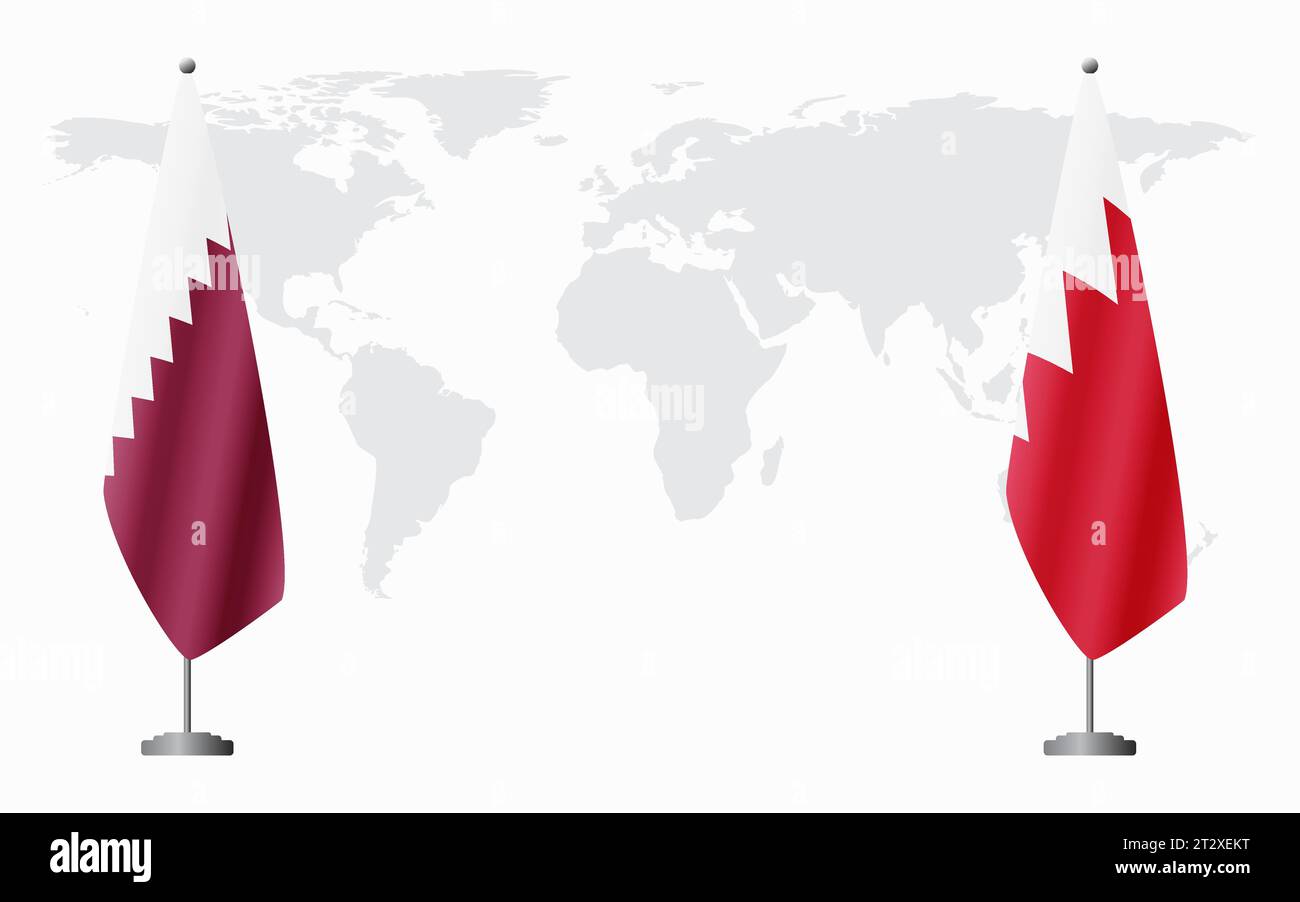 Drapeaux du Qatar et de Bahreïn pour la réunion officielle sur fond de carte du monde. Illustration de Vecteur