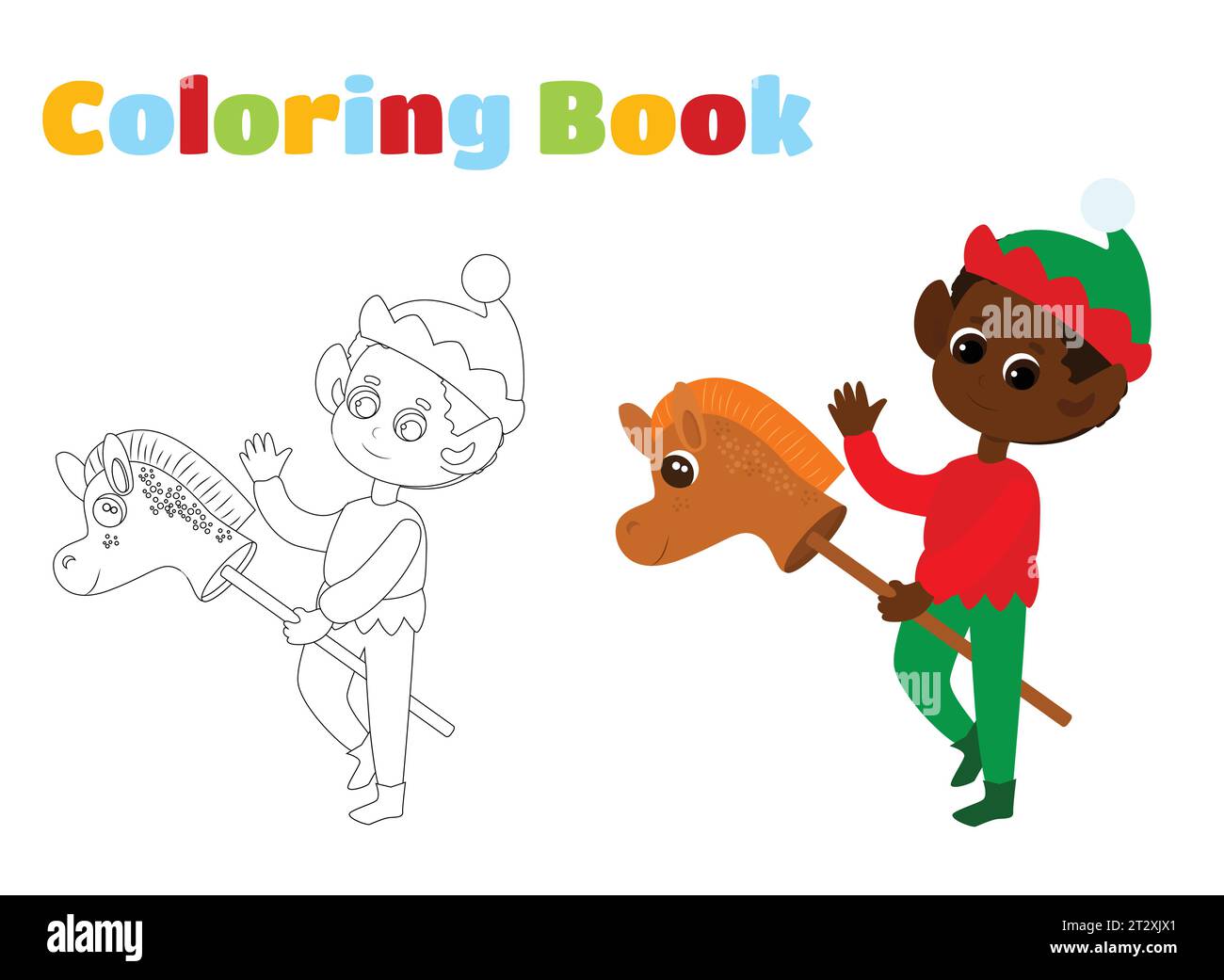 Coloriage. Un elfe mignon salue et monte un cheval jouet. L'enfant porte des vêtements traditionnels d'elfe. Dessin animé illustration de Noël. Illustration de Vecteur