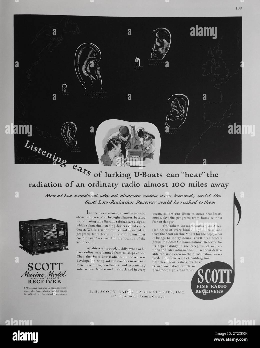 SCOTT MARINE MODÈLE Low Radiation RÉCEPTEUR protégeant la marine et les marins marchands écoutant la radio de rôtir U-Boats 1943 US Magazine Advertisement Banque D'Images