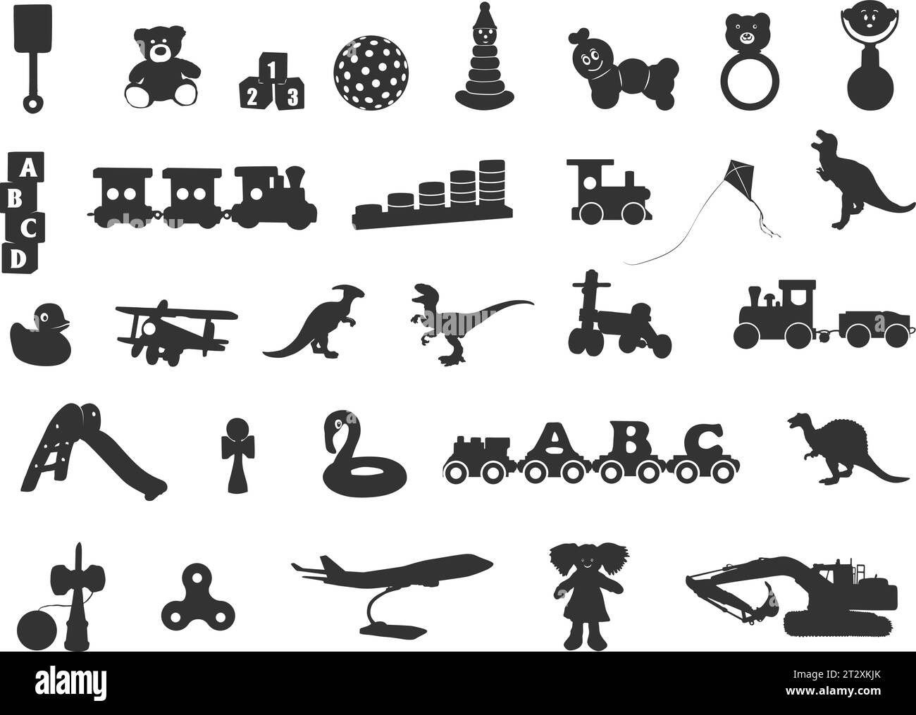 Silhouettes de jouets pour enfants, silhouette de jouets pour enfants, silhouettes de jouets pour bébé, jouets svg, ensemble d'icônes de silhouette de jouets Illustration de Vecteur