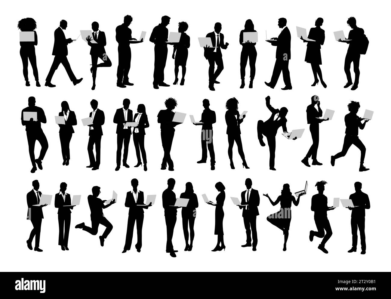 Silhouettes de gens d'affaires divers avec ordinateur portable Illustration de Vecteur