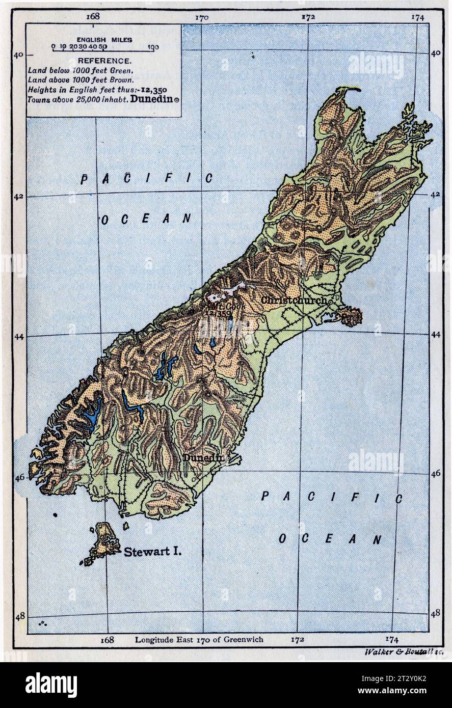 Carte de l'île du Sud de la Nouvelle-Zélande vers 1910 d'après un manuel de géographie scolaire Banque D'Images
