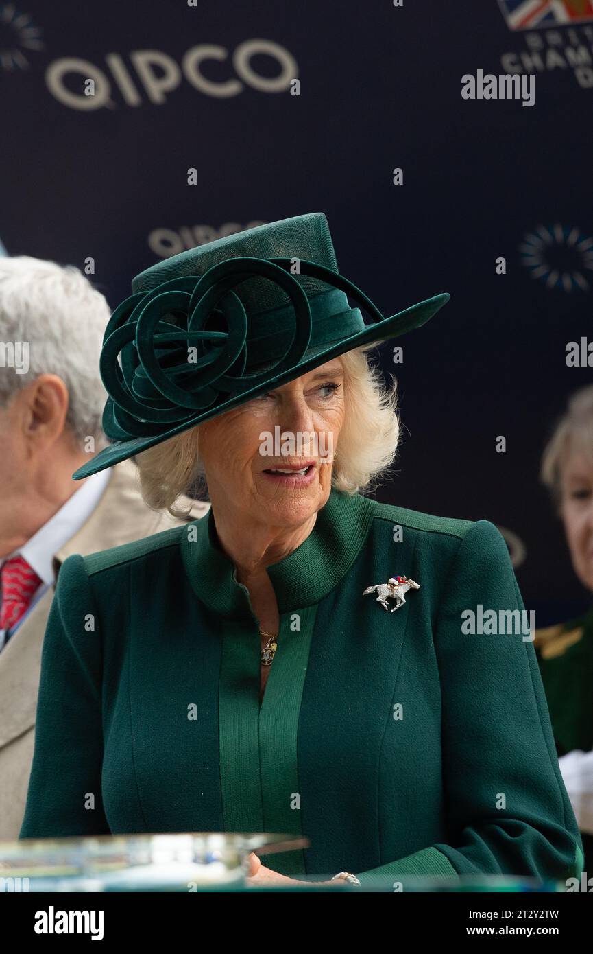 Ascot, Royaume-Uni. 21 octobre 2023. Queen Camilla a assisté à la QIPCO British Champions Day à l'hippodrome d'Ascot aujourd'hui. La reine Camilla portait un manteau de quart vert foncé et un chapeau assorti ainsi que des bottes en daim longueur genou. Elle portait également une broche en diamant avec un jockey monté sur un cheval dans les couleurs des soies royales du roi et de la reine. La Reine est photographiée en train de faire la présentation pour les Queen Elizabeth II Stakes qui a été remporté par le jockey Aurelien Lemaitre sur le cheval Big Rock. Propriétaire Yeguada Centurion. Entraîneur Christopher Head, France. Éleveur Yeguada Centurioun SLU. Crédit : Maureen McLean/Alamy Live News Banque D'Images