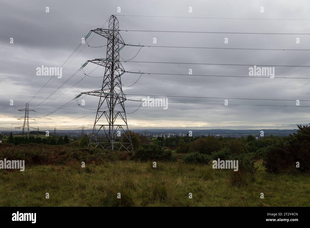 Pylons électriques dans la campagne écossaise un matin d'automne Banque D'Images