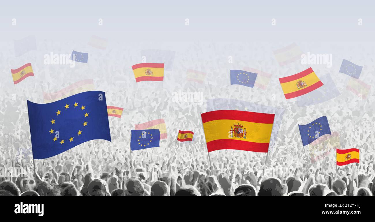 Foule avec drapeau de l'Union européenne et de l'Espagne, peuple de l'Espagne avec drapeau de l'UE. Illustration vectorielle. Illustration de Vecteur