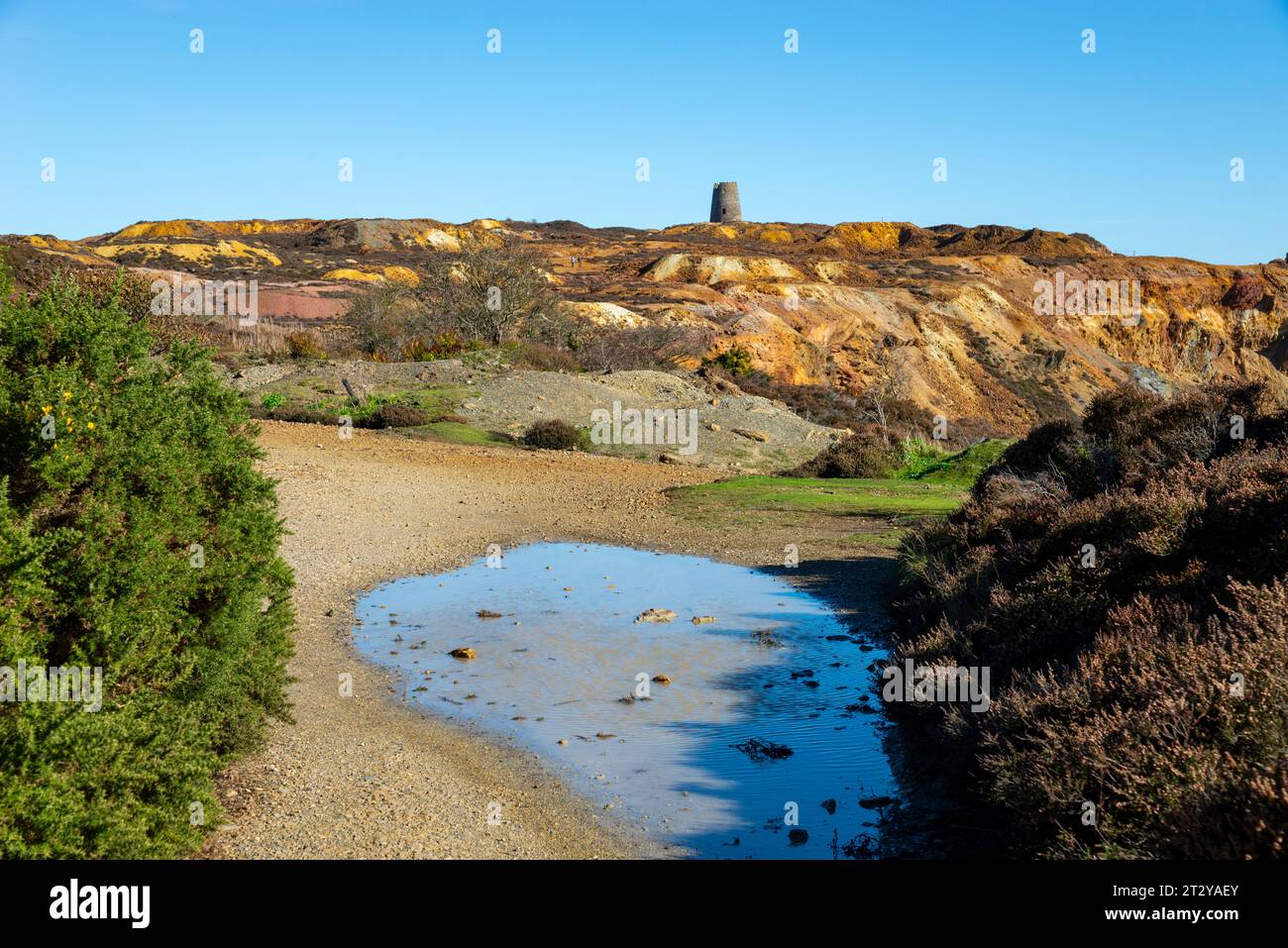 Mine de cuivre Parys Mountain, Amlwch, Anglesey, pays de Galles du Nord. Un magnifique paysage industriel ancien avec des sentiers pédestres autour du site. Banque D'Images