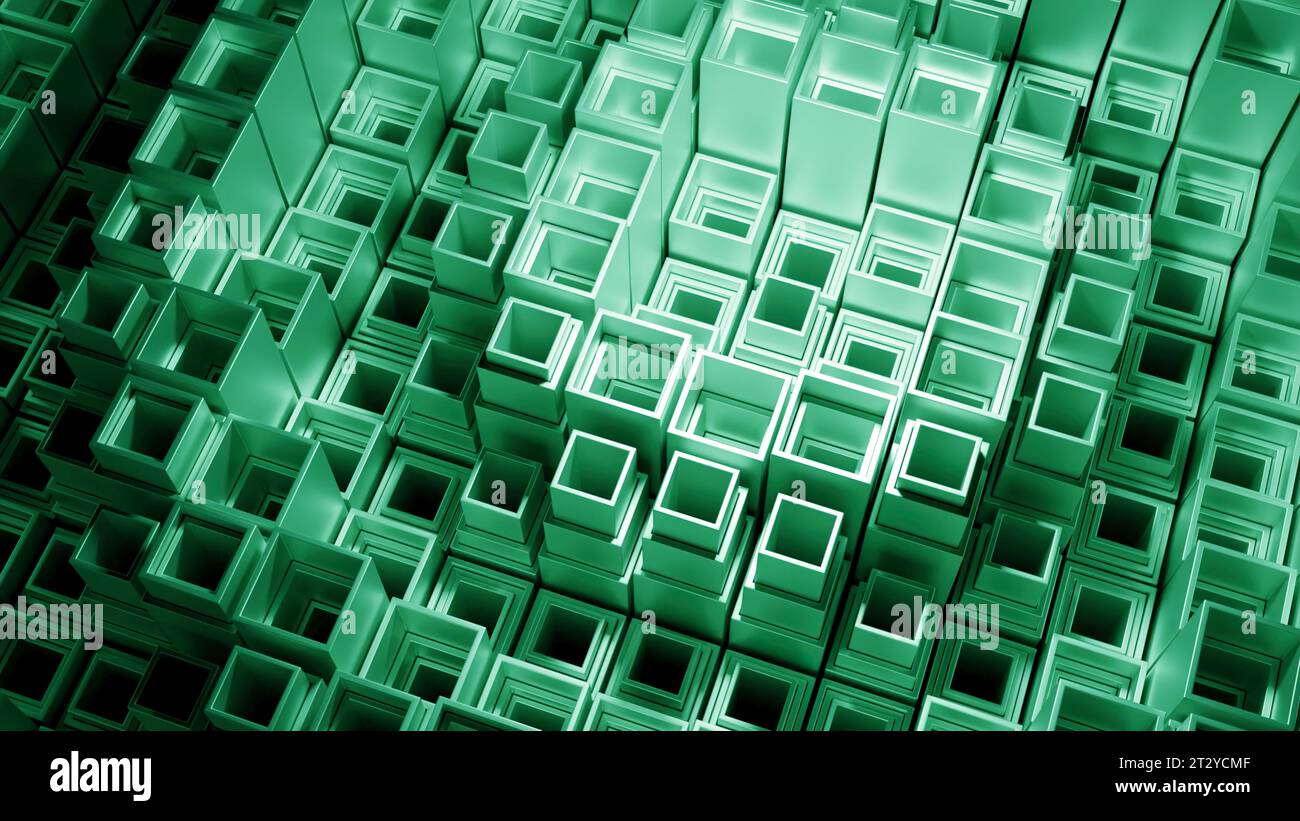 Ondes circulaires de surface géométrique. Conception. Ondulations de colonnes carrées dans l'espace matriciel. Les colonnes carrées se déplacent en impulsions circulaires dans un style informatique Banque D'Images