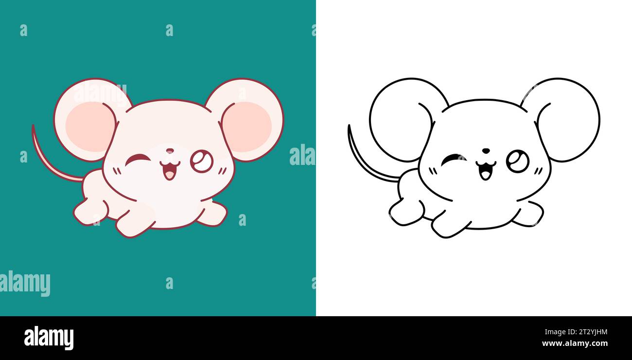 Illustration de souris isolée mignonne et pour la page de coloriage. Dessin animé clip Art Baby Rat. Dessin animé Vector Illustration de Kawaii PET pour autocollants, impressions pour Illustration de Vecteur