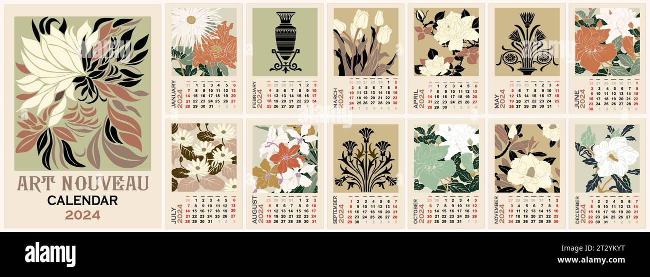 Modèle de calendrier mural mensuel floral pour 2024. Illustration de Vecteur