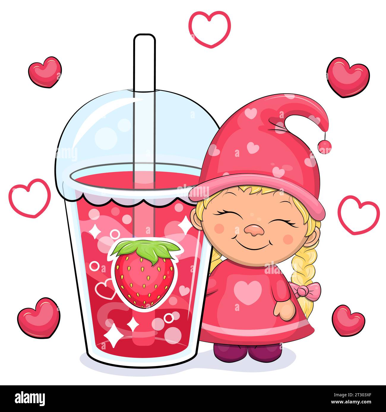 Mignon fille de gnome de dessin animé avec une grande boisson de fraise. Illustration vectorielle d'un animal et une tasse d'eau rouge sur un fond blanc avec des coeurs rouges. Illustration de Vecteur