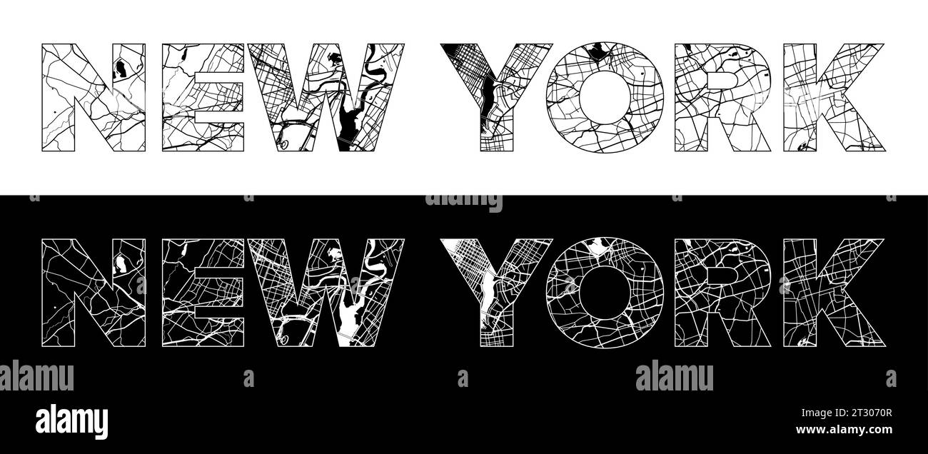 Nom de la ville de New York (États-Unis, Amérique du Nord) avec vecteur d'illustration de carte de ville blanc noir Illustration de Vecteur