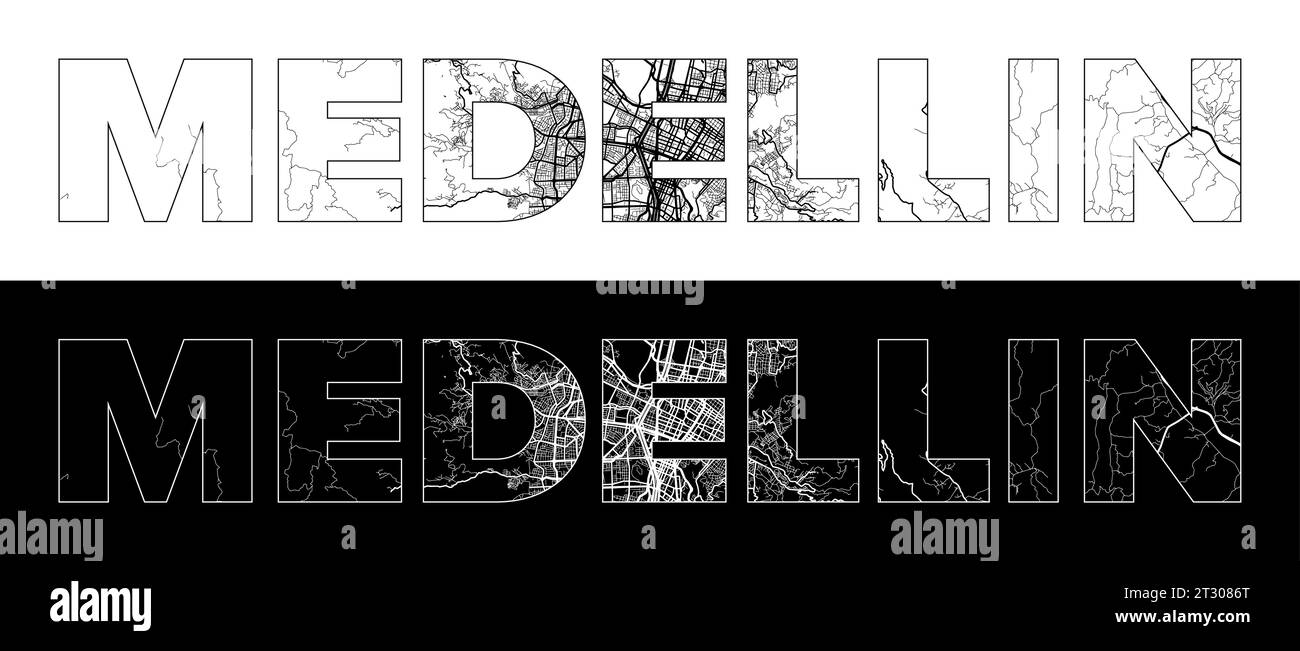 Medellin City Name (Colombie, Amérique du Sud) avec vecteur d'illustration de carte de ville blanc noir Illustration de Vecteur