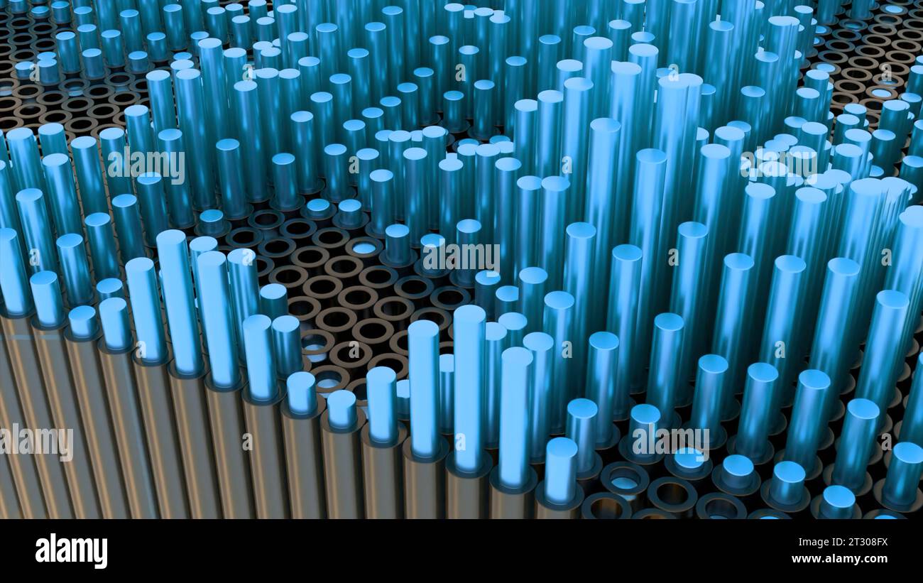 Fond 3D avec colonnes métalliques rétractables. Conception. Les colonnes rondes 3D se déplacent vers le haut et vers le bas dans l'espace. Les tables rondes colorées de structure métallique se déplacent dans la vague Banque D'Images