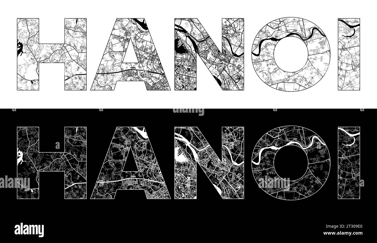 Nom de ville de Hanoi (Vietnam, Asie) avec vecteur d'illustration de carte de ville blanc noir Illustration de Vecteur