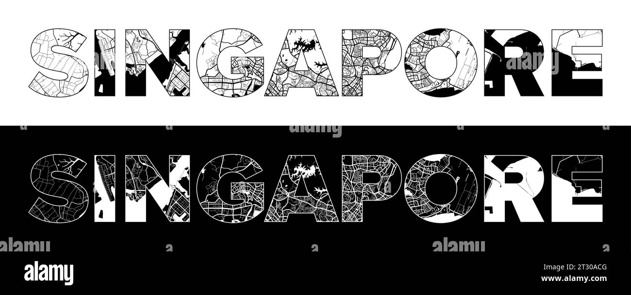 Singapore City Name (Singapour, Asie) avec vecteur d'illustration de carte de ville noir blanc Illustration de Vecteur