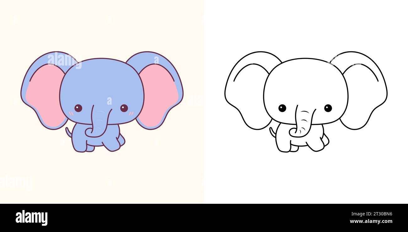 Set Vector Baby Elephant multicolore et Noir et blanc. Kawaii clip Art Baby Animal. Illustration vectorielle mignonne d'un animal africain Kawaii pour Illustration de Vecteur