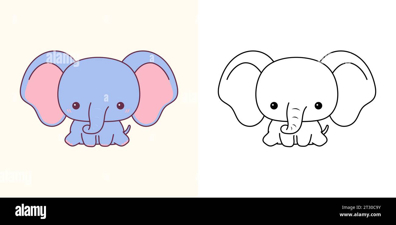 Mignon Baby Elephant Clipart Illustration et Noir et blanc. Kawaii clip Art Baby Animal. Illustration vectorielle mignonne d'un animal africain Kawaii pour Illustration de Vecteur